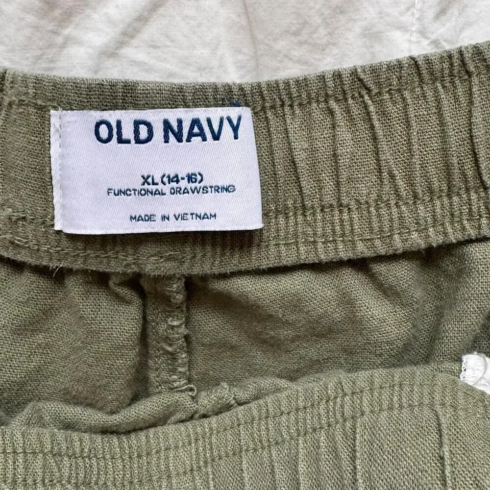 old navy Olive green linen shorts youth sz‎ XL 14 16 pockets lightweight elastic